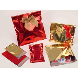 50 BUSTE REGALO IN PPL METAL LUCIDO 35x50+5cm ORO con patella adesiva