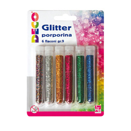 Blister glitter 6 flaconi grana fine 12ml colori assortiti DECO