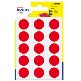 Blister 90 etichetta adesiva tonda PSA rosso Ø19mm Avery